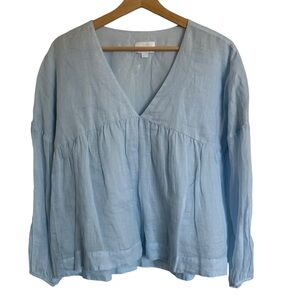 EVERY Baby Blue 100% Ramie long-sleeve v-neck Babydoll blouse Medium